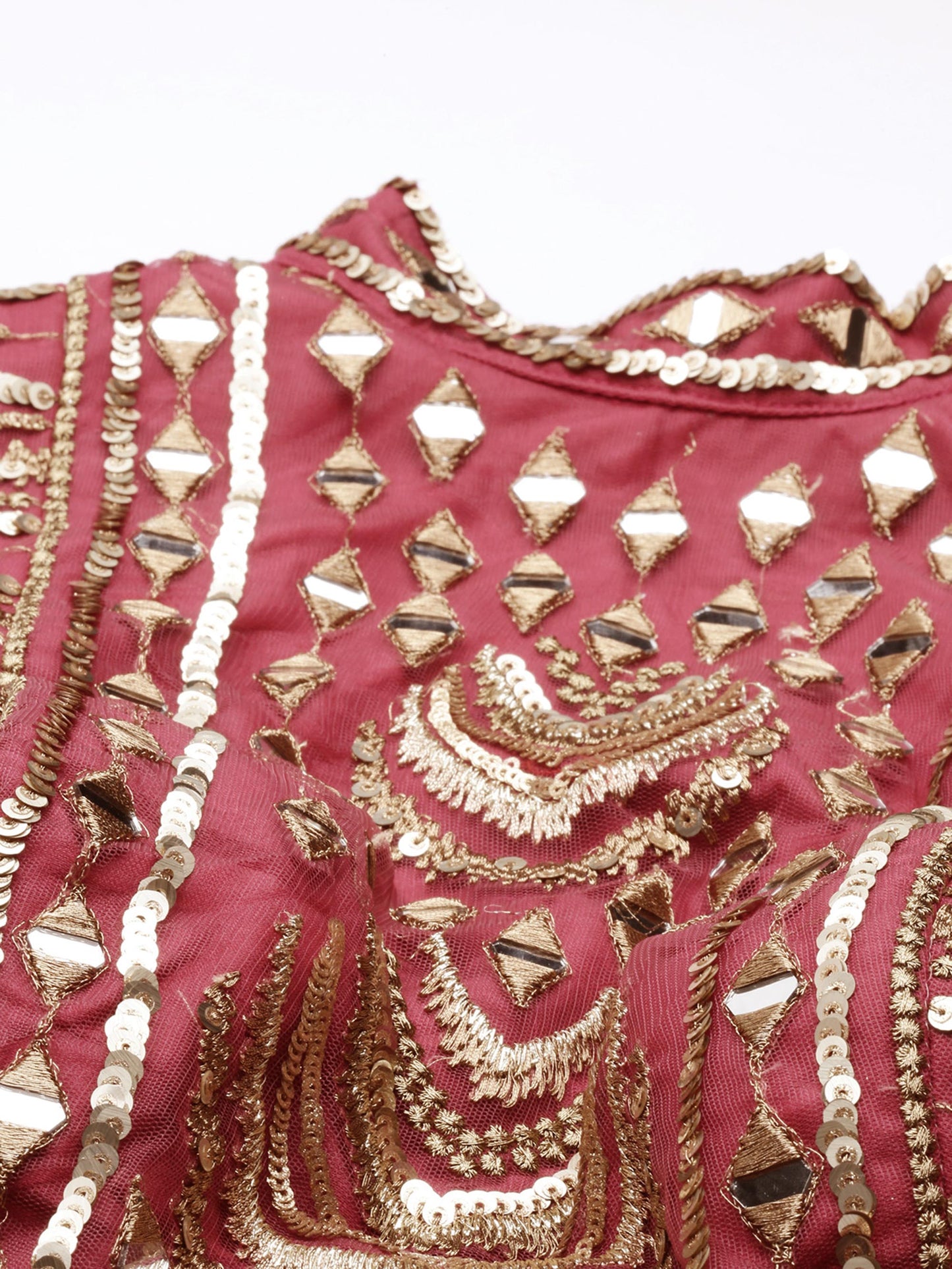 Women Rosegold Net Embroidered Mirror Semi-Stitched Lehenga & Unstitched Blouse with Dupatta