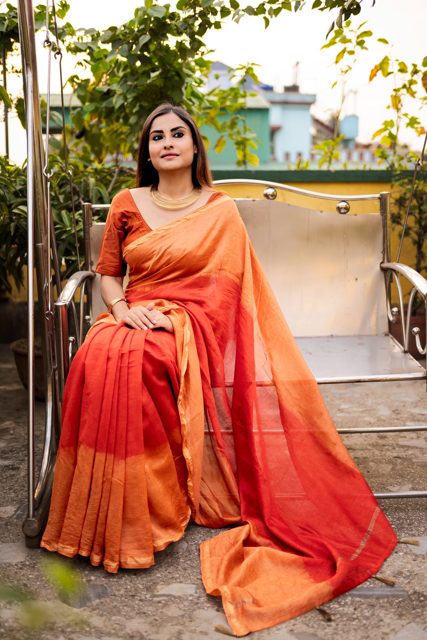 Red and Orange ombre chanderi silk saree