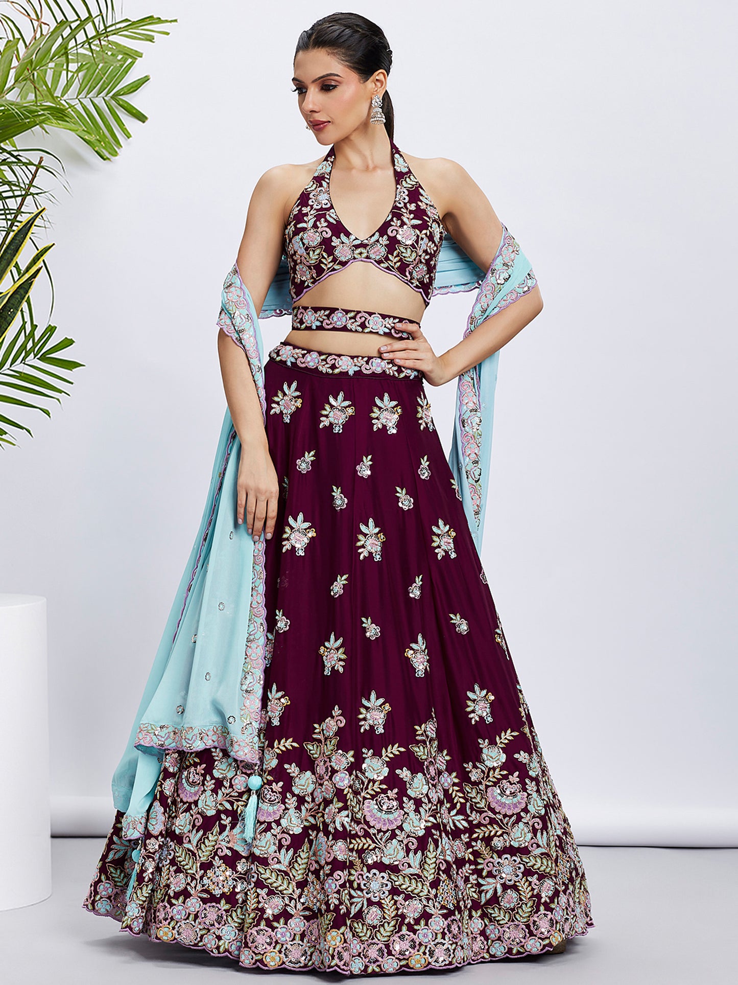 Burgundy Pure Georgette Sequins and thread embroidery Lehenga choli