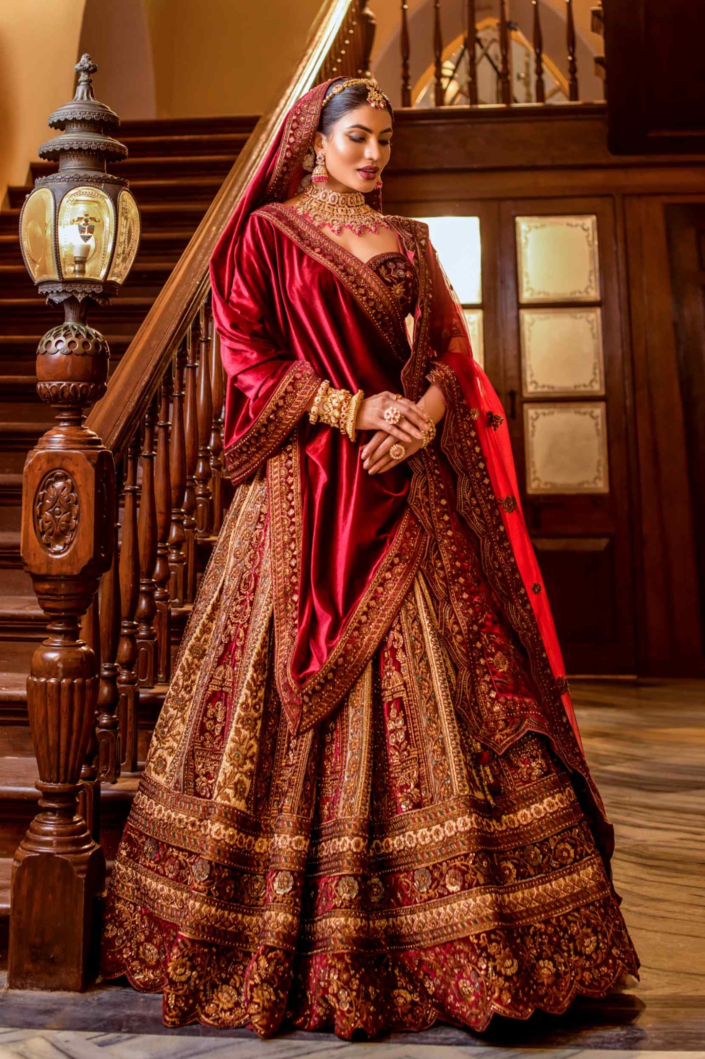 Red Velvet Sequins Embroidered Indian Bridal lehenga