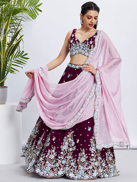 Burgundy Pure Grorgette Sequins and thread embroidery Lehenga choli