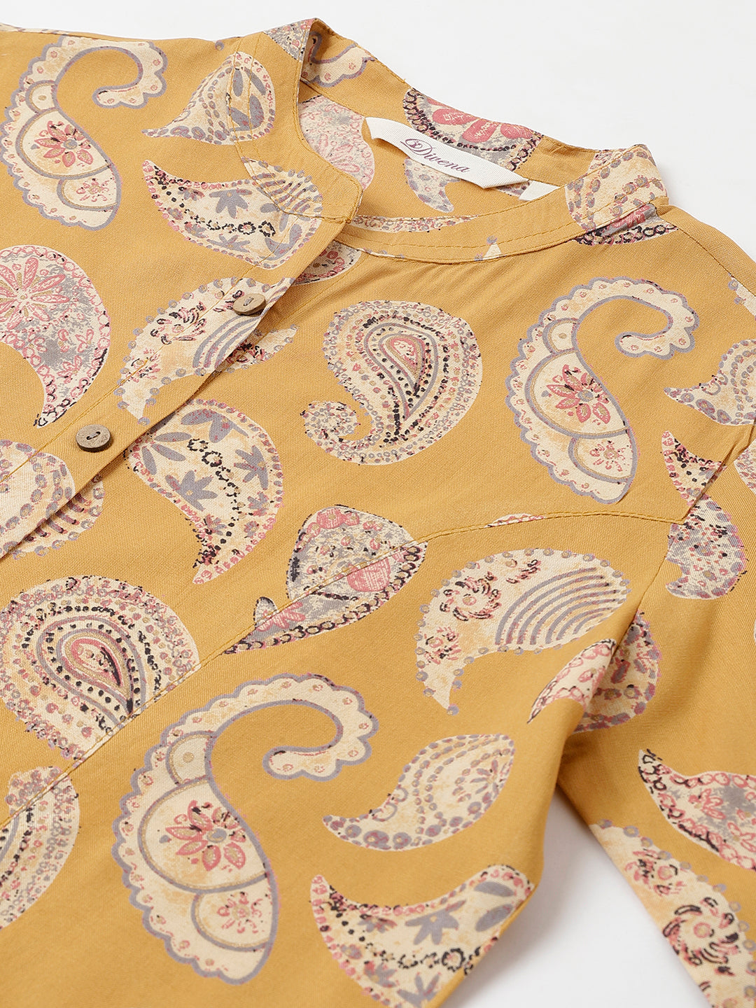 Mastard Yellow Print Mandarin Collar Roll-Up Sleeves Shirt Style Top