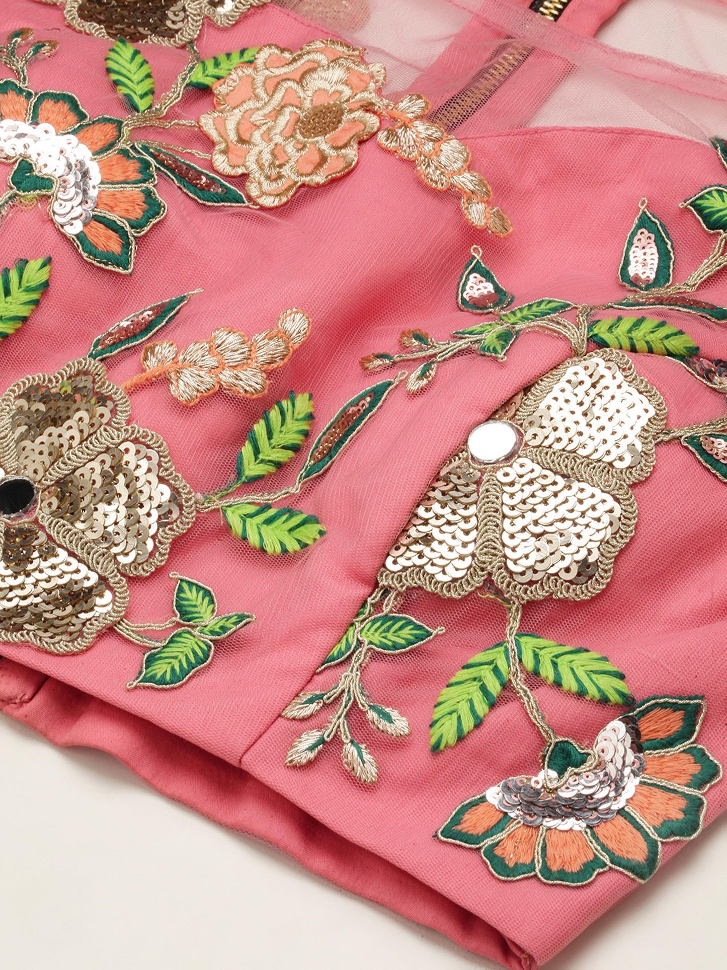 Pink Net Sequinse Cut Work Semi-Stitched Lehenga & Unstitched Blouse with Dupatta