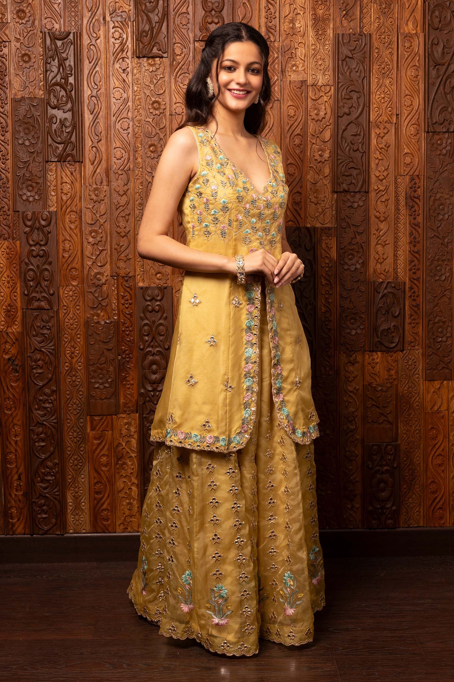 Tales of grace Yellow organza silk Embroidered Mehendi Sharara