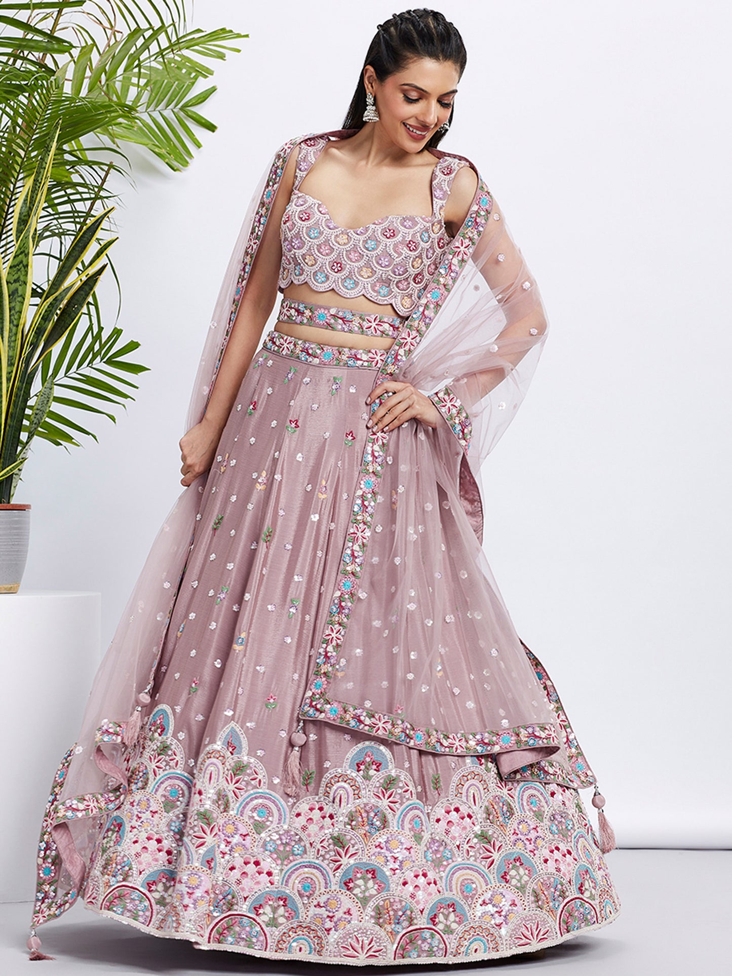 Rose gold Pure Chiffon Sequins and thread embroidery Lehenga