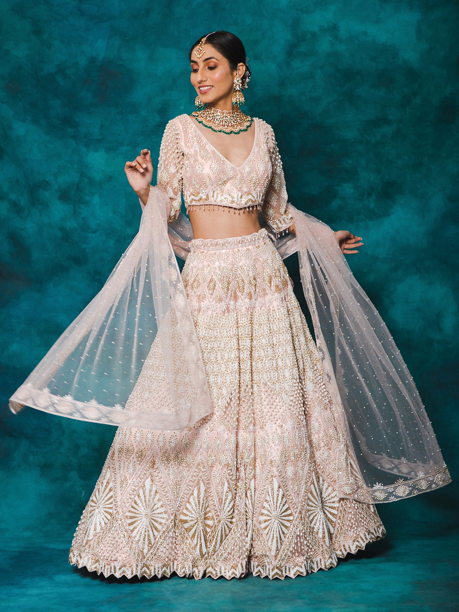 Blush Pink Color Stones & Pearls Embroidery Net Bridal Lehenga