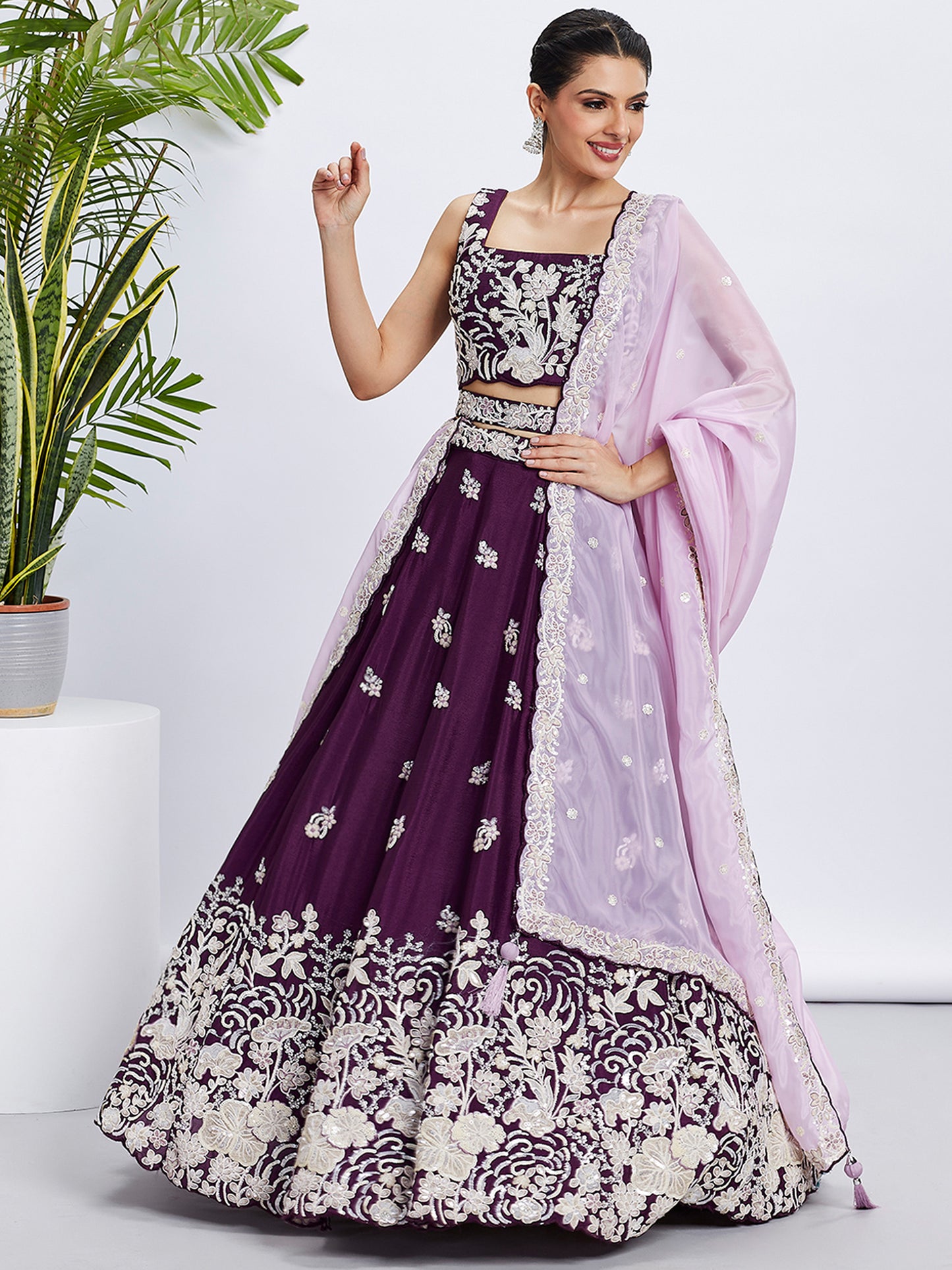 Purple Pure Georgette Sequins and thread embroidery Lehenga choli