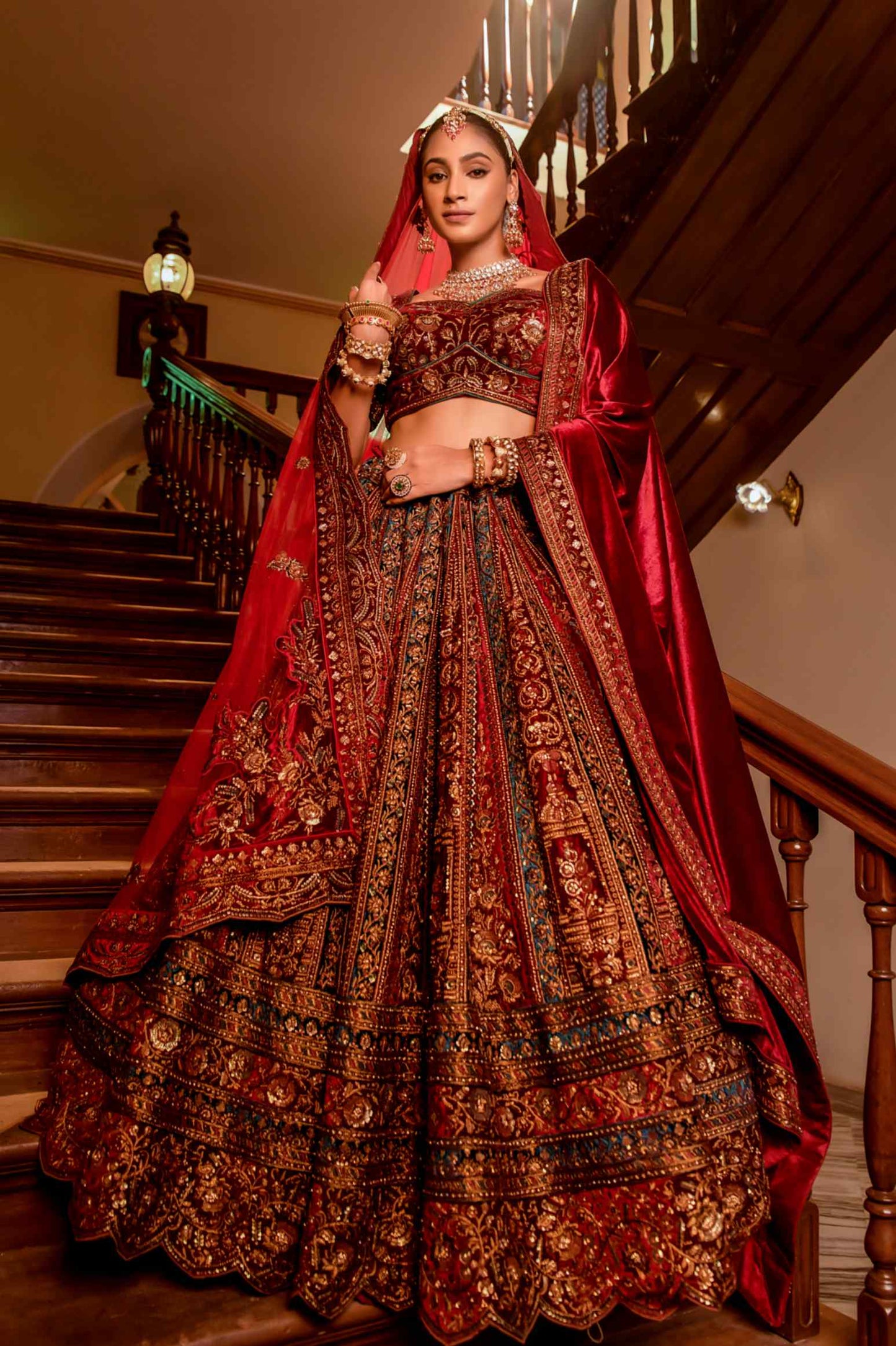 Red Velvet Sequins Embroidered Indian Bridal lehenga