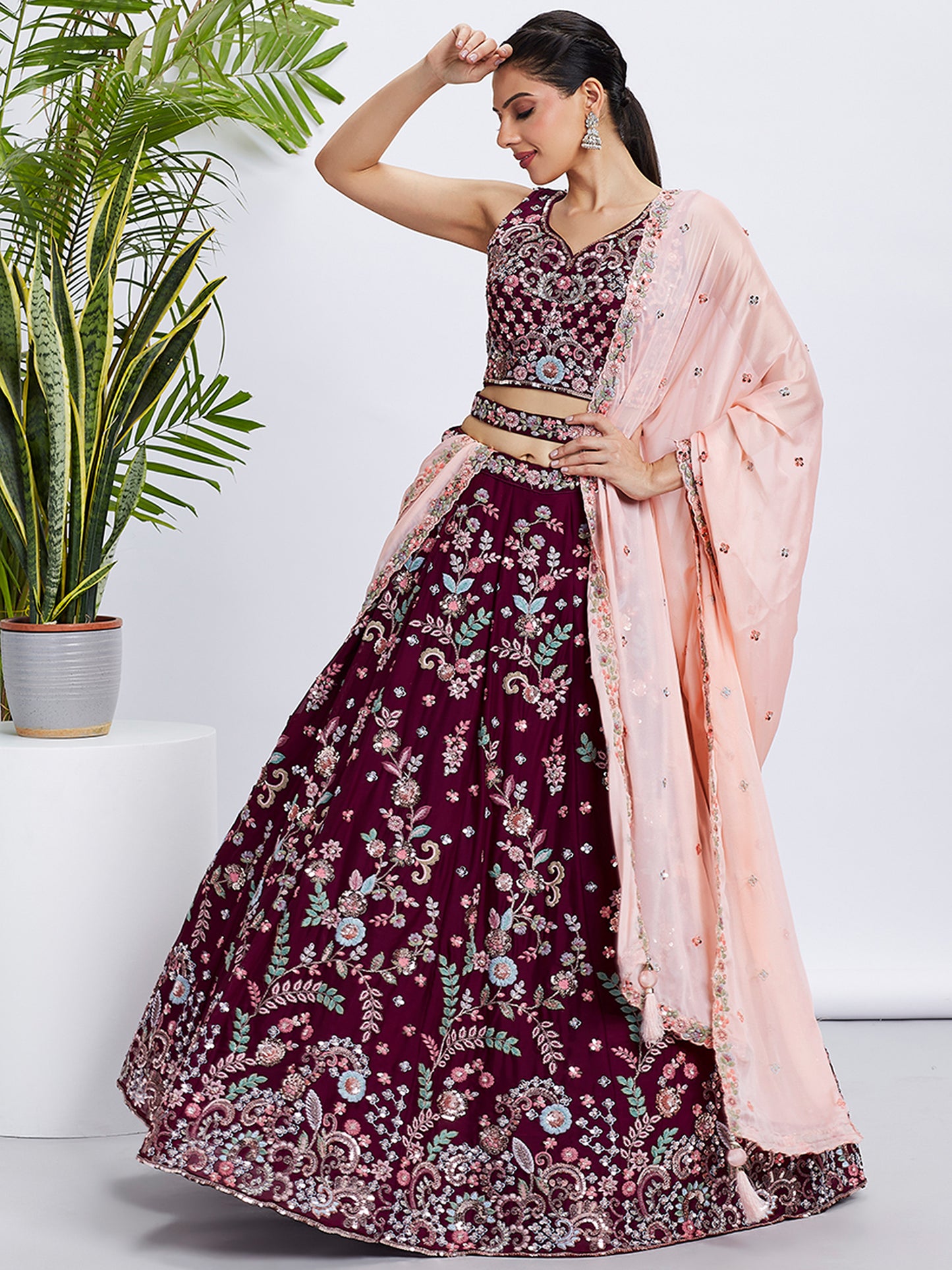 Burgundy Pure Georgette Sequins and thread embroidery Lehenga choli