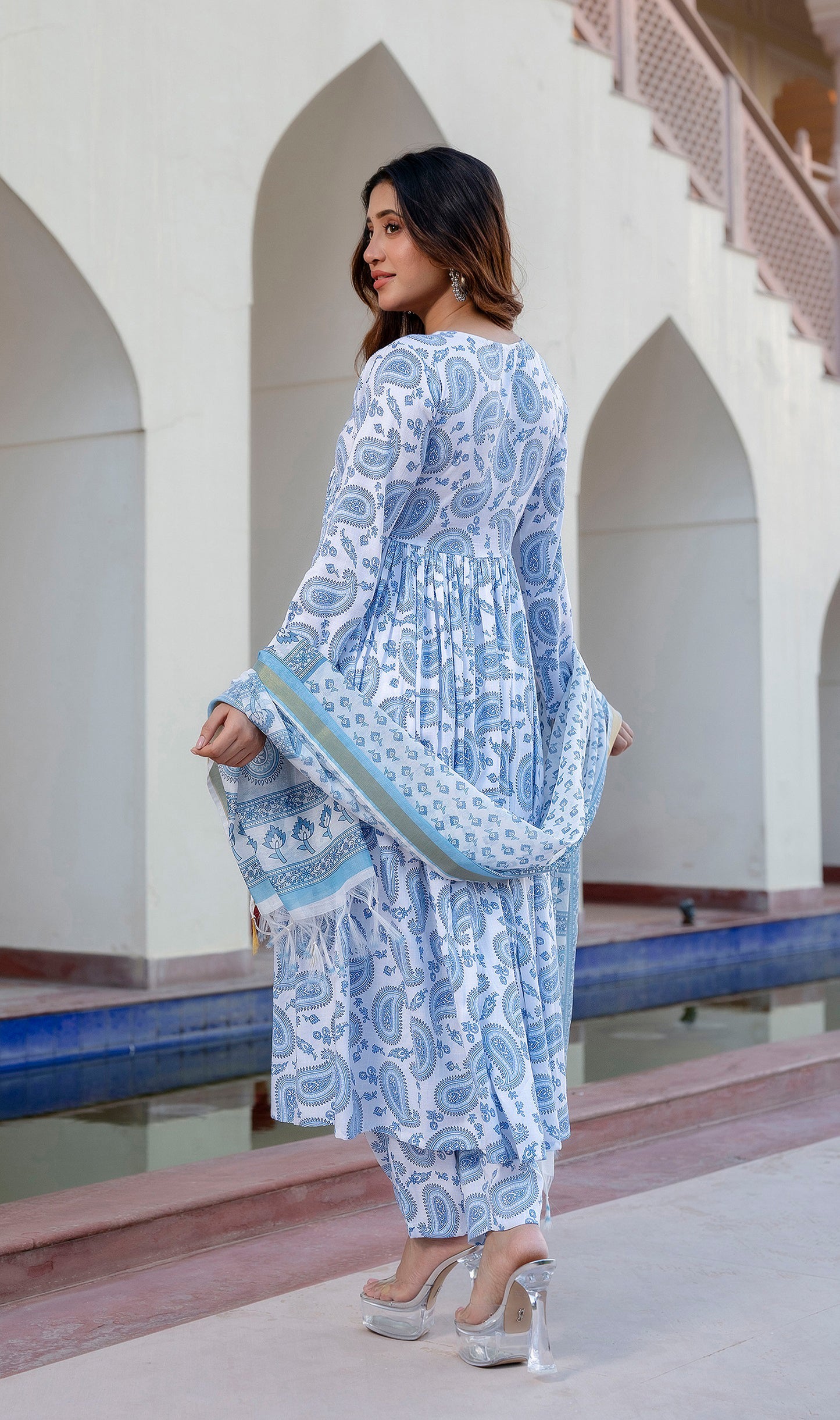 Pallavi Women Sky Blue Printed Viscose Rayon Kurta, Pant And Dupatta Set