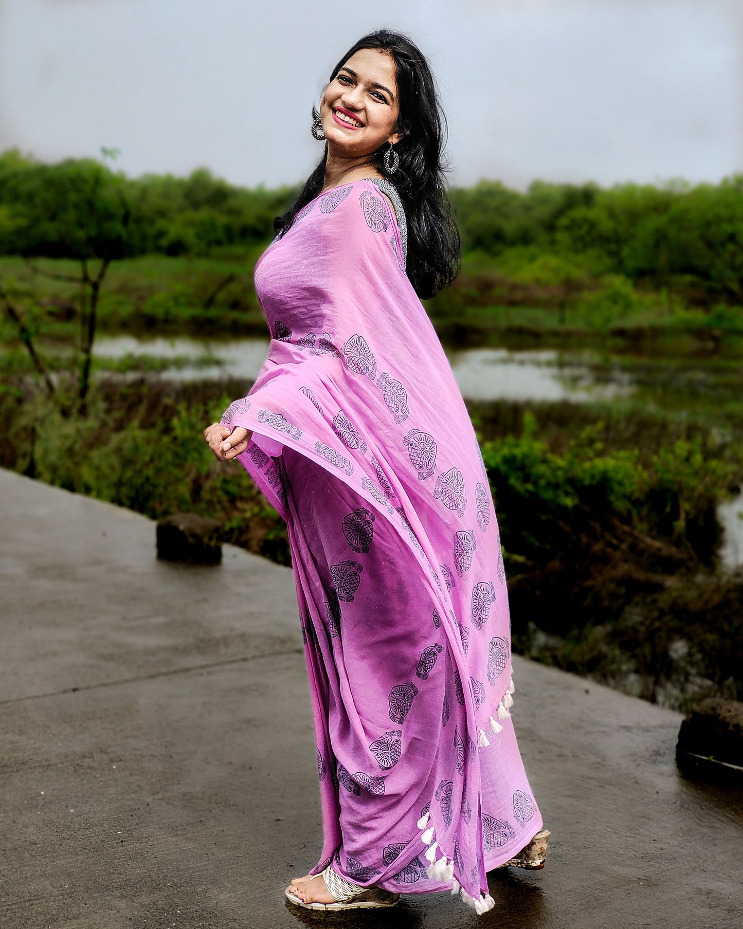 Lilac mul cotton saree with block printed ethnic motif