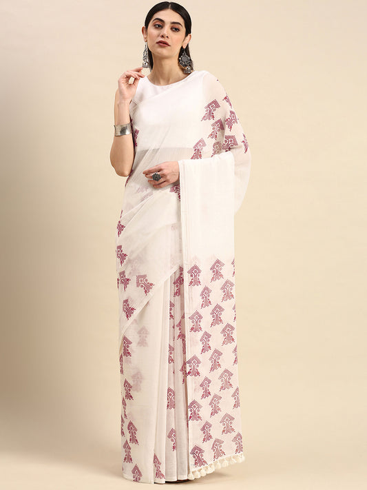 White mul cotton saree with block printed ethnic motif