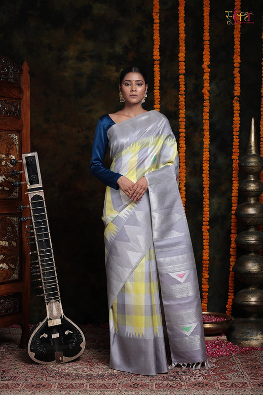 Handloom Lemon & Grey Pure Silk Kanchipattu