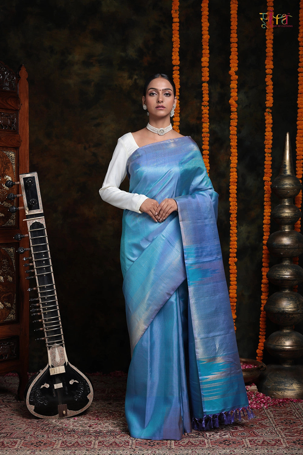 Handloom Blue Duo-Tone Pure Silk Saree With Silver Zari Stripes