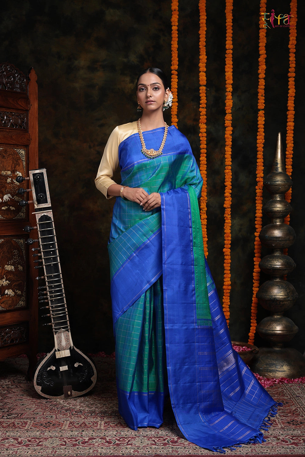 Handloom Duo Tone Green Pure Silk Kanjeevaram With Zari Check Body And Blue Border