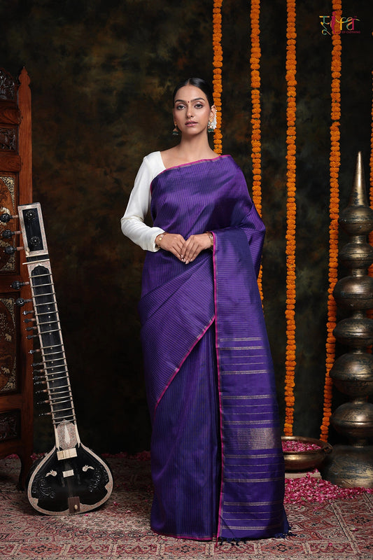 Grape Violet Handloom Kanchipattu Saree With Silver Stripes