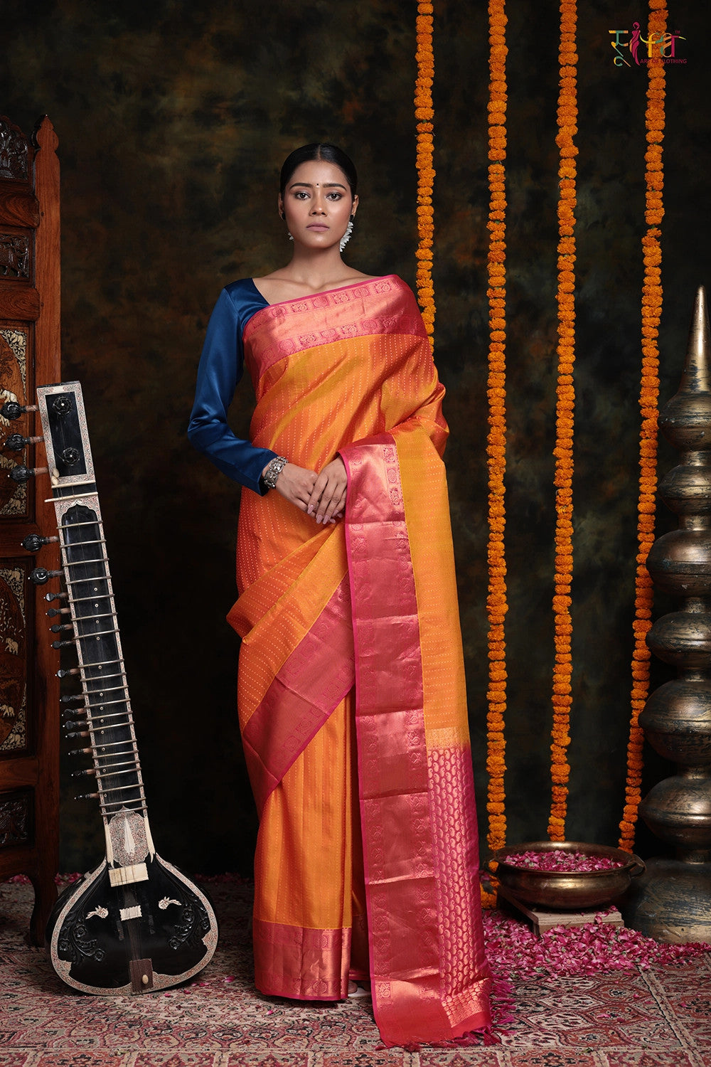 Orange Handloom Pure Silk Kanchipattu With Hot Pink Border