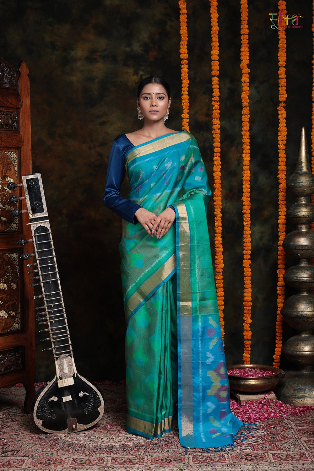 Handloom Green And Royal Blue Pure Mulberry. Silk Pochamaplly Saree With Zari Border