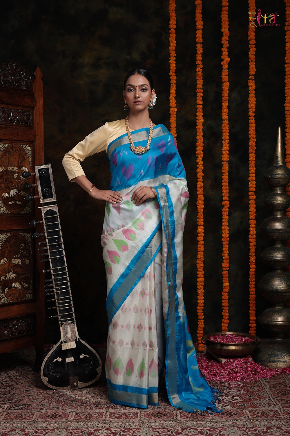 Handloom Blue And Cream Pure Mulberry Silk Saree With Zari Border