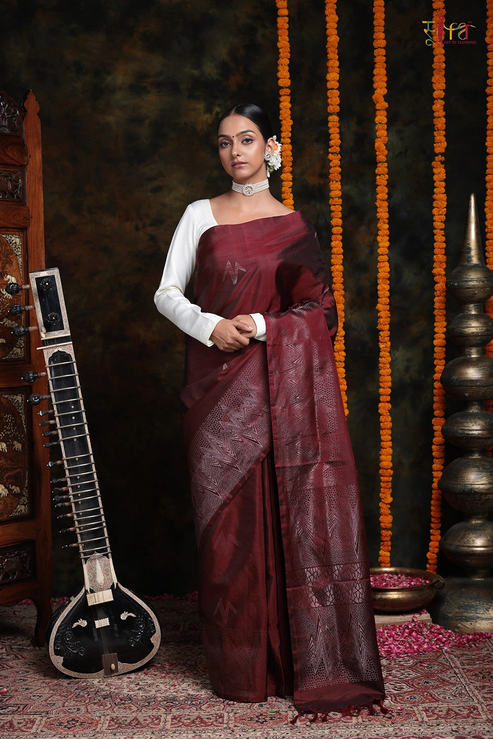 Handloom Wine Pure Silk Kanchi Contemporary With Copper Zari