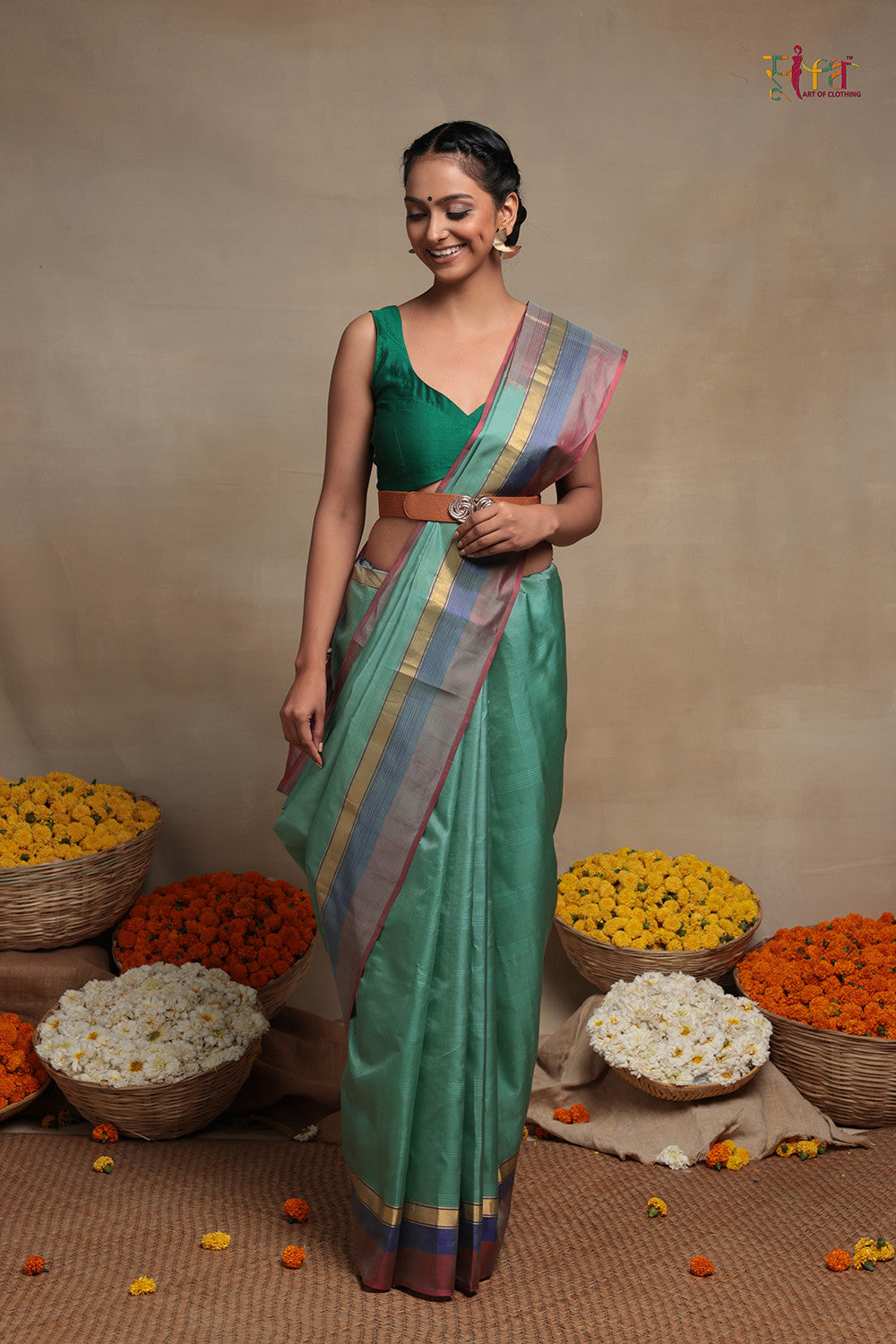 Handloom  Fern Green Pure Silk Kanchi Contemporary Saree