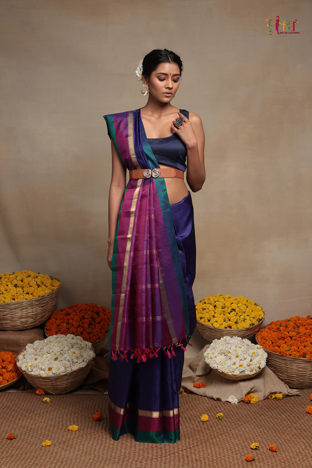 Handloom Navy Blue pure Silk Kanchi contemporary Saree