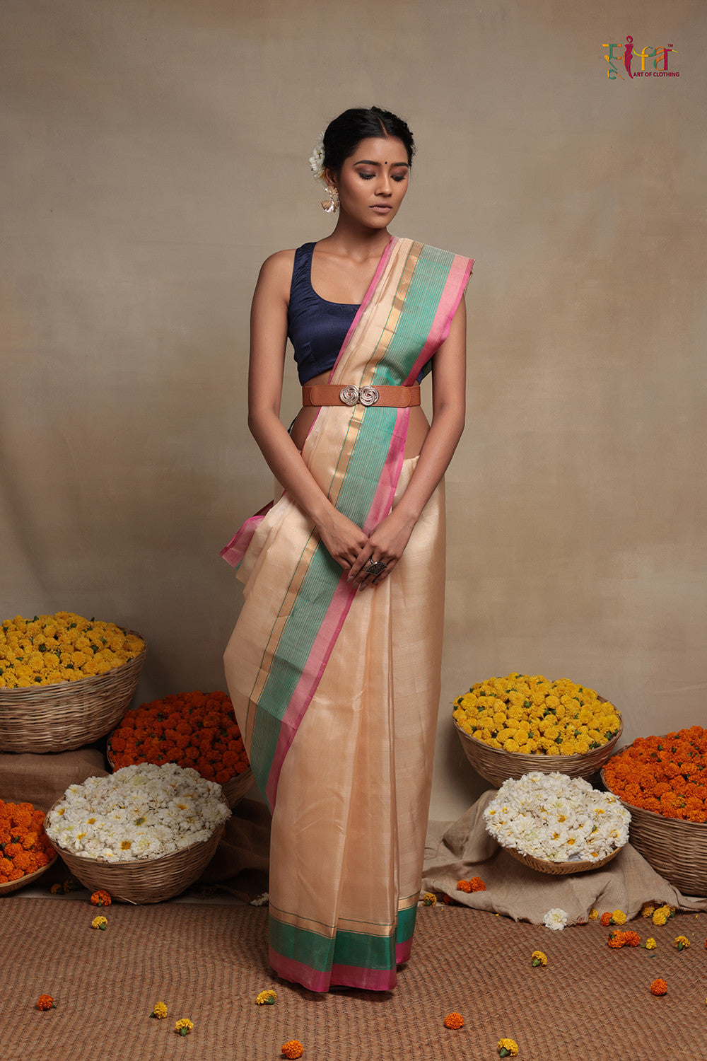 Handloom Cream Pure Silk Kanchi Contemporary Saree