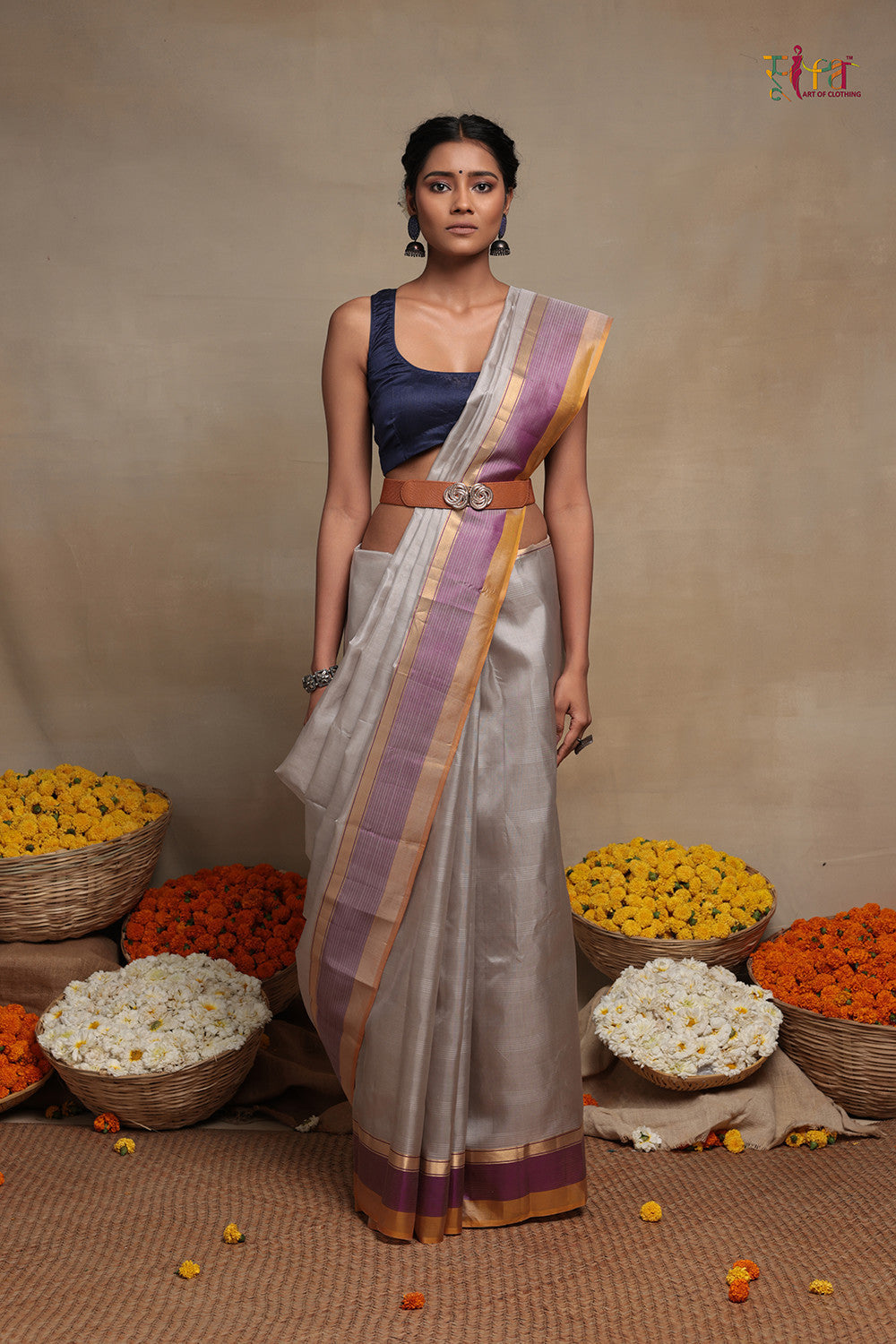 Handloom Silver Grey Pure Silk Kanchi Contemporary Saree