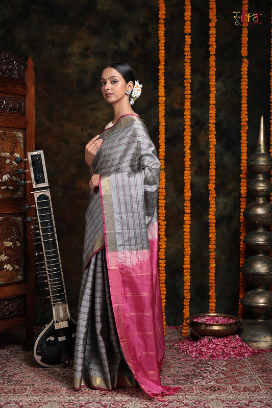 Handloom Grey Stripes Pure Silk saree