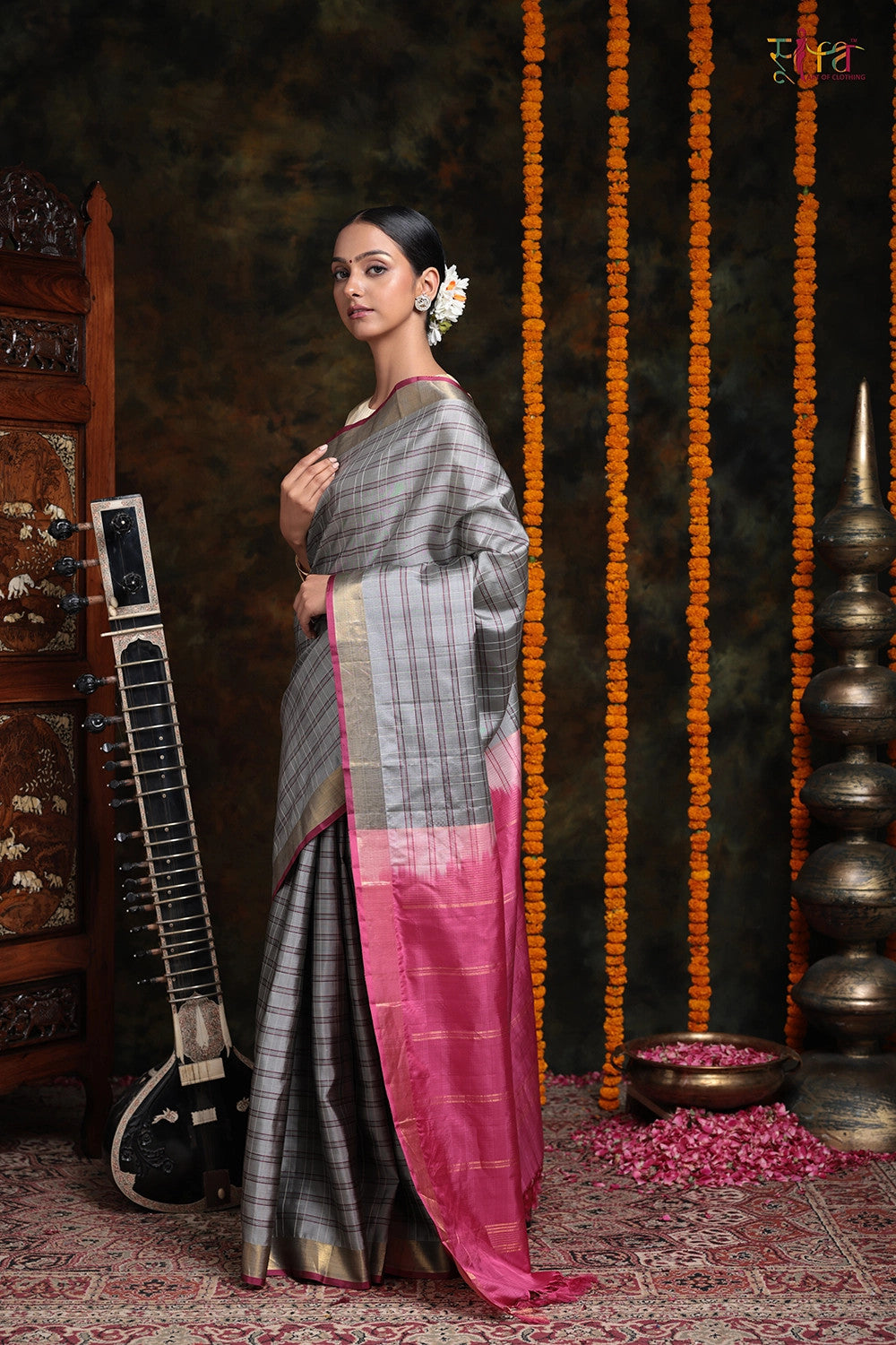 Handloom Grey Stripes Pure Silk Saree