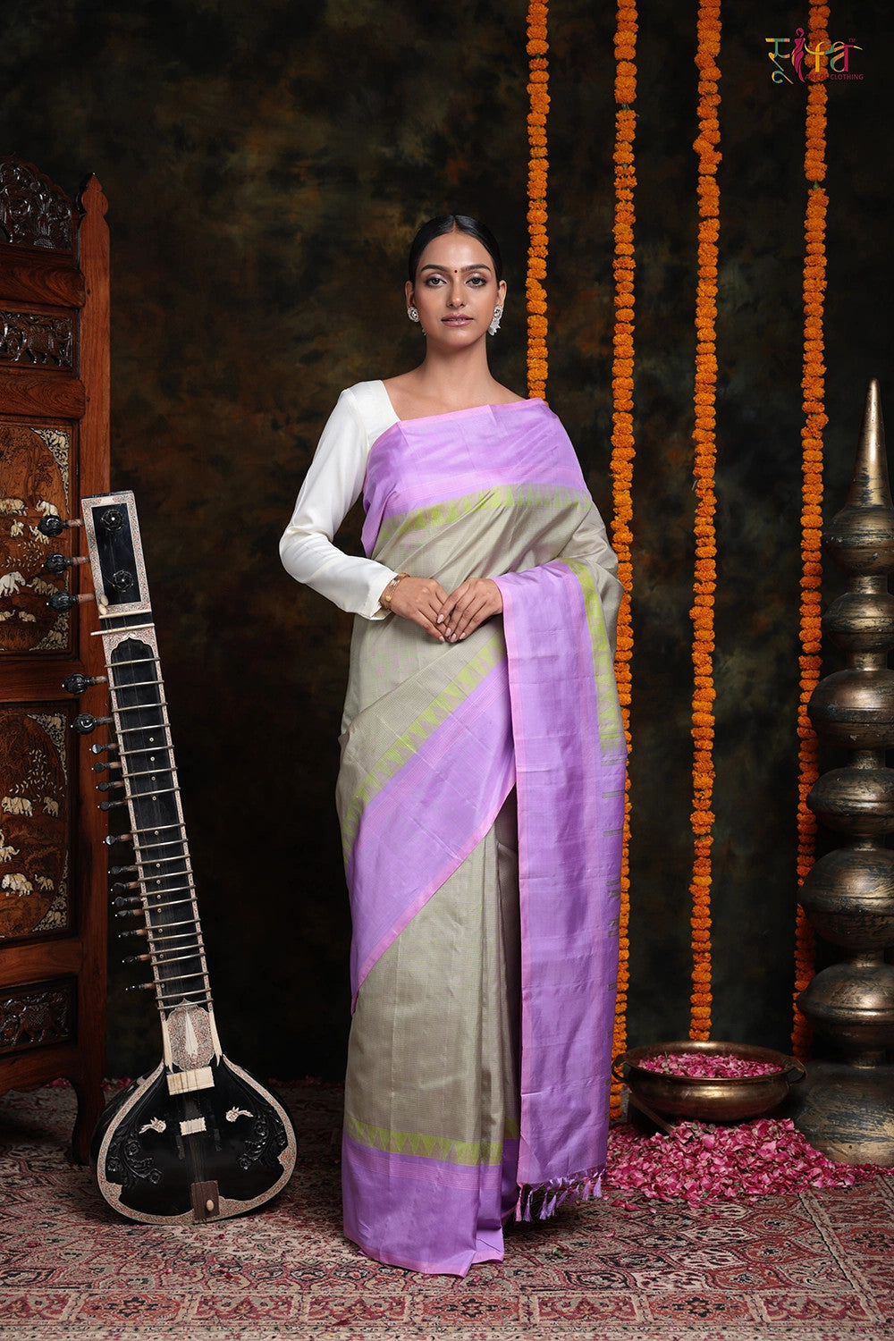 Handloom Lavender & Lime Green Check Pure Silk Saree