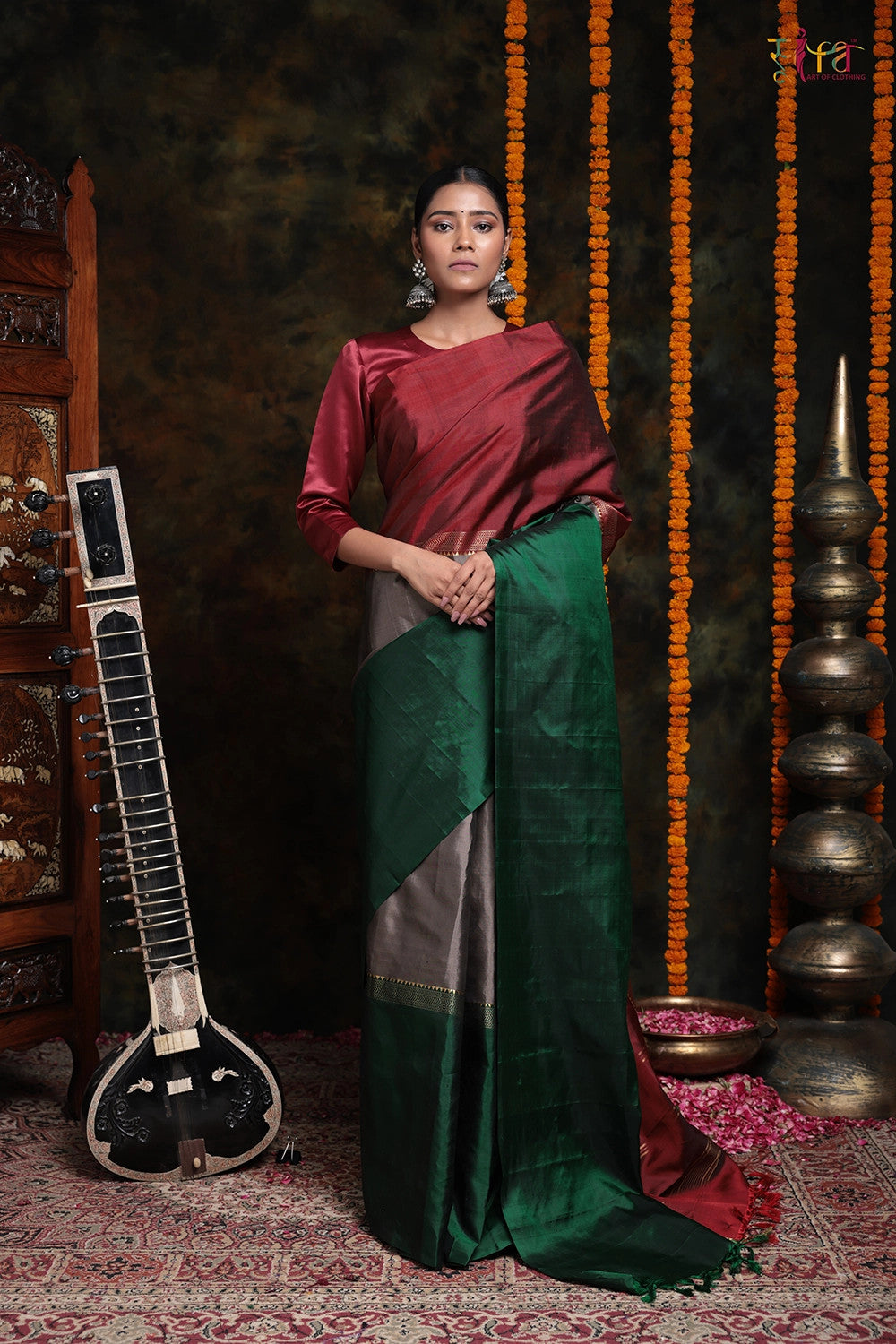 Handloom Maroon and Green Pure Silk contemporary Saree