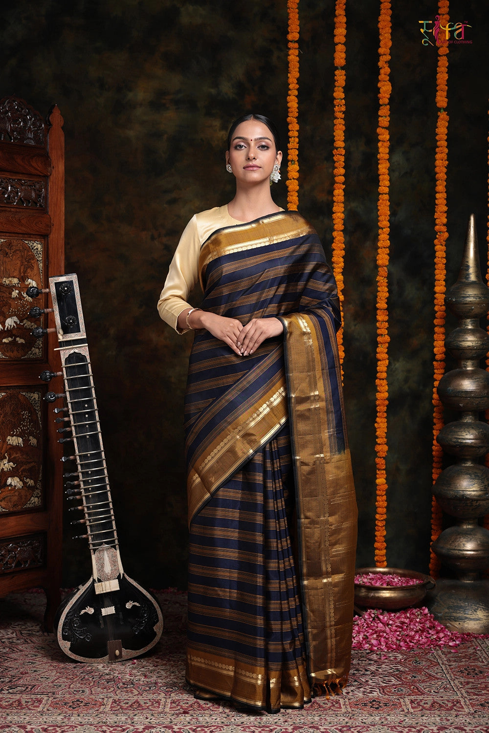 Handloom Ochre Mustard and Navy Blue Pure Silk Saree