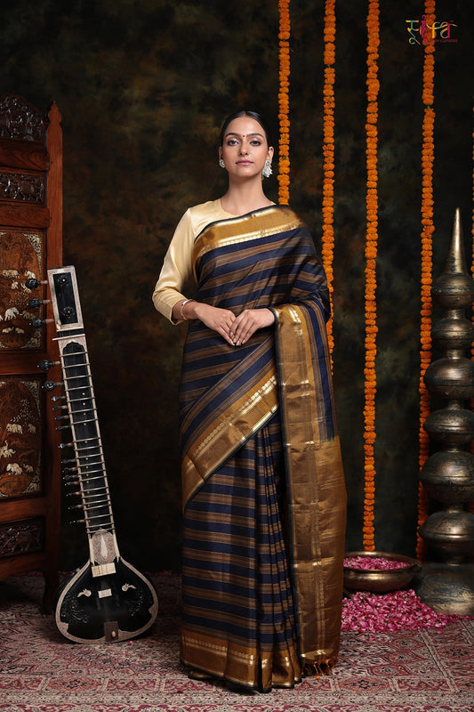 Handloom Ochre Mustard And Navy Blue Pure Silk Saree