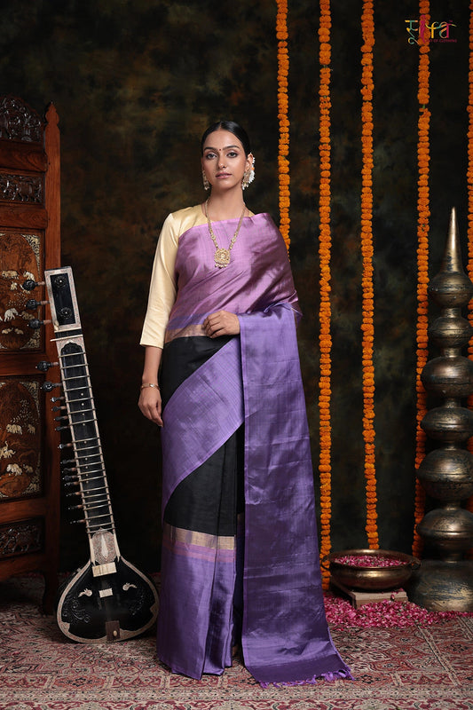 Orchid Voilet & Black Handloom Pure Silk Saree