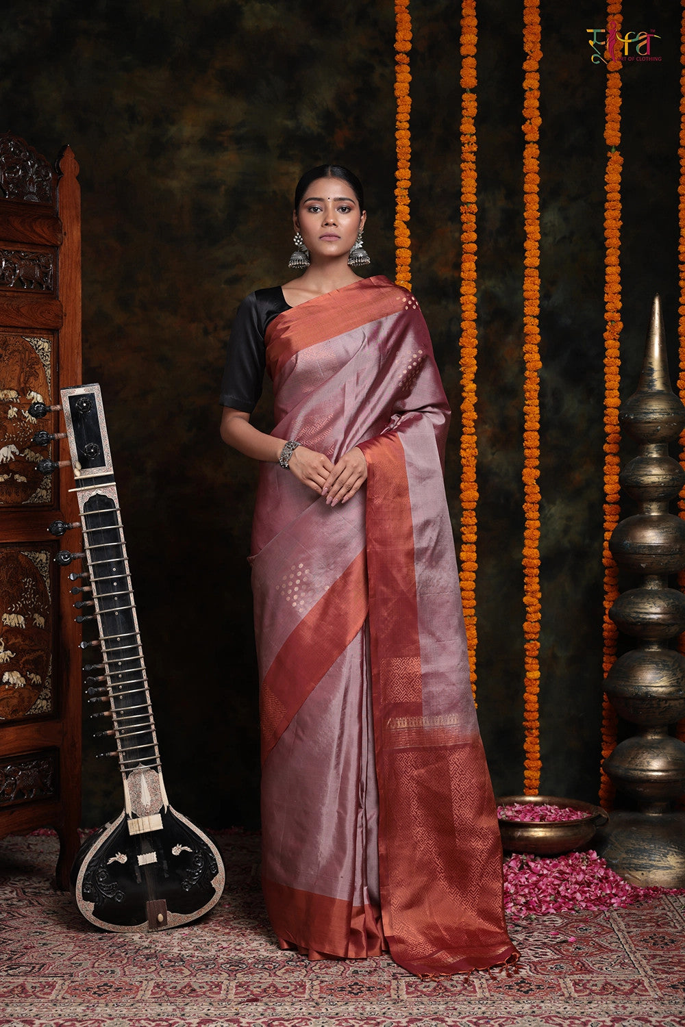 Sienna Brown with Zari Motifs Pure silk saree