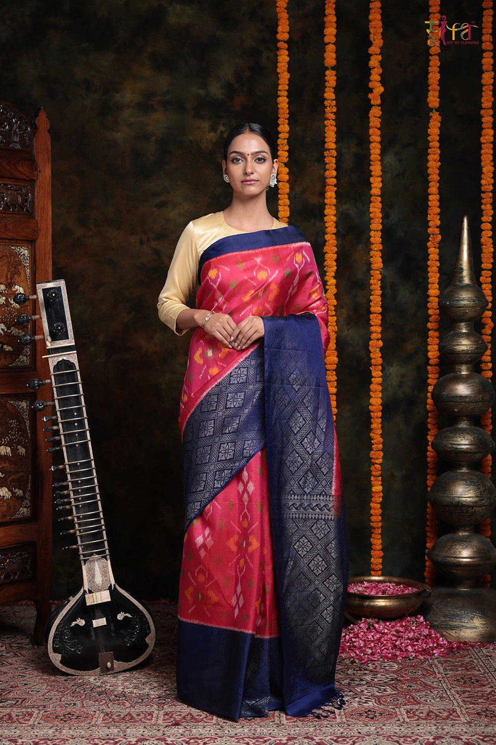 Rose Pink Pure Silk Pochampally Saree With Navy Blue Silver Zari Border