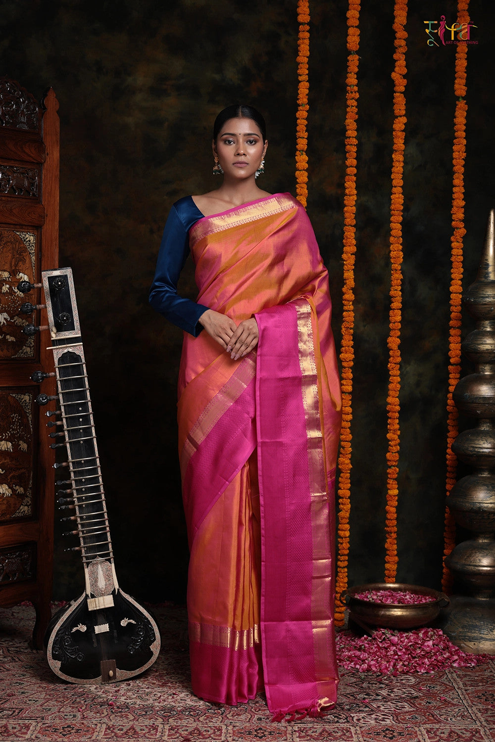 Orange Duo tone Kanchipattu with Zari border