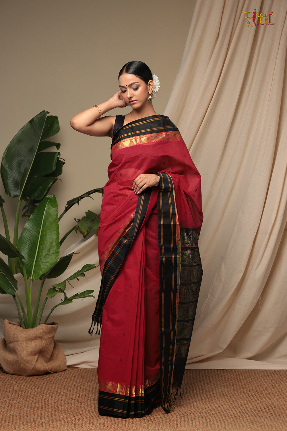 Berry Red Handloom Pure Cotton Kanchi Saree With Pure Silk Border & Pallu