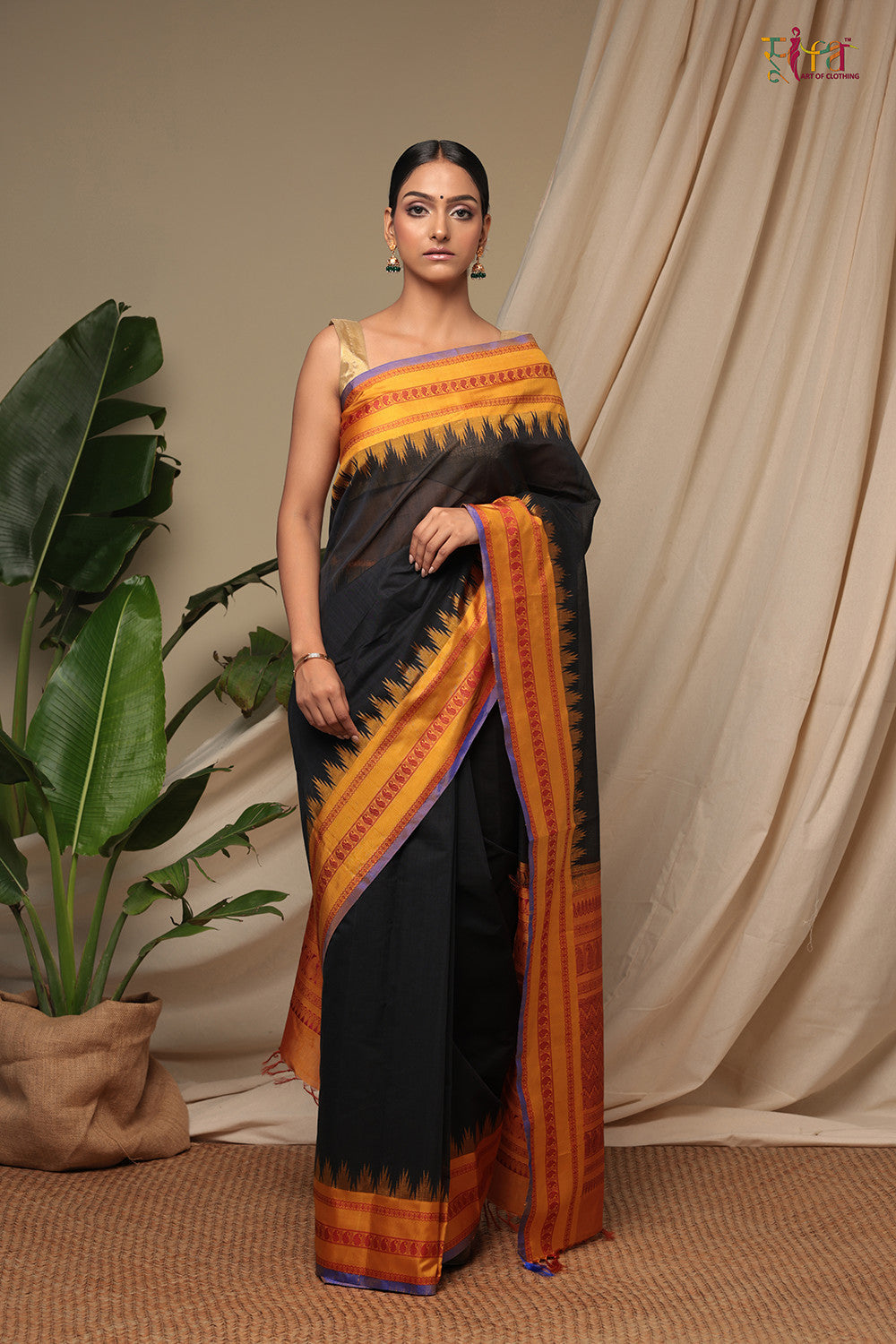 Handloom Black Pure Cotton Kanchi Saree With Pure Silk Mustard Border And Pallu