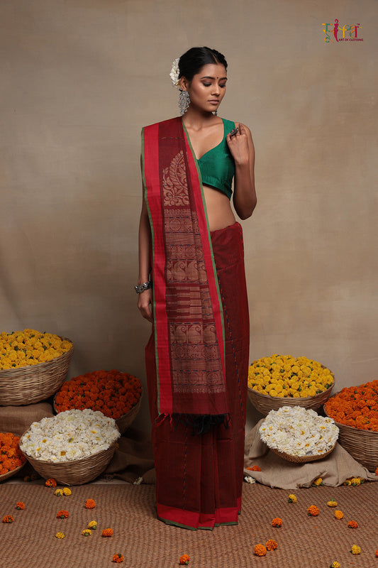 Traditional Maroon Handloom Cotton Kanchi Saree