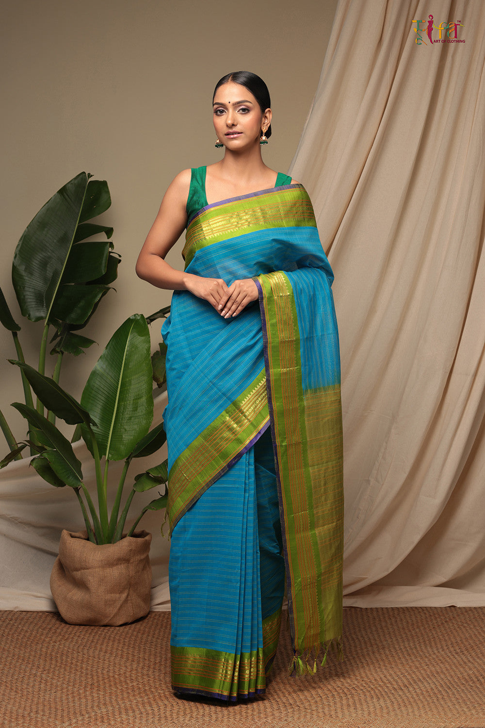 Handloom Ocean Blue Pure Cotton Kanchi Saree With Pure Silk Border And Pallu