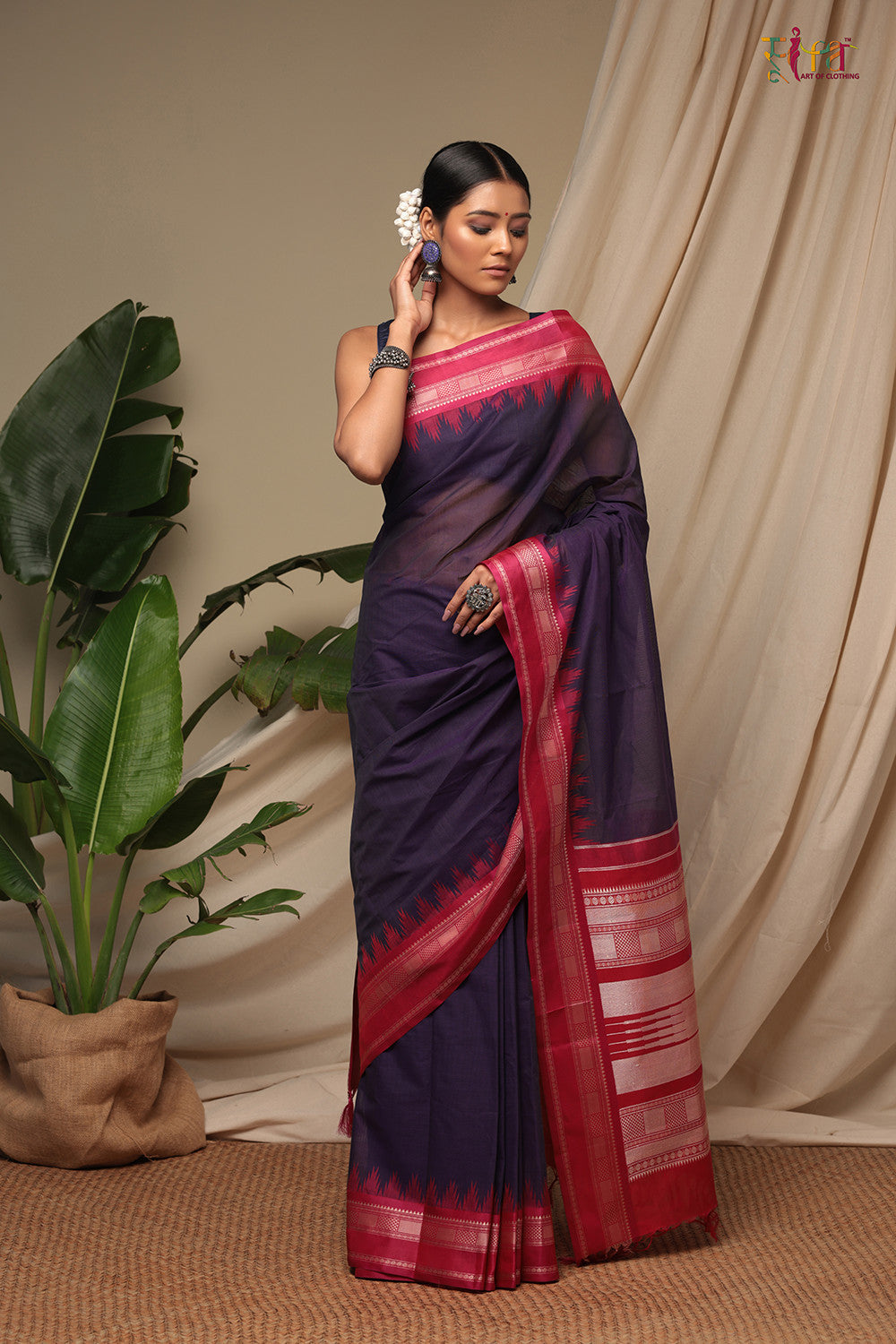 Handloom Dark Purple Pure Cotton Kanchi Saree With Pure Silk Border And Pallu