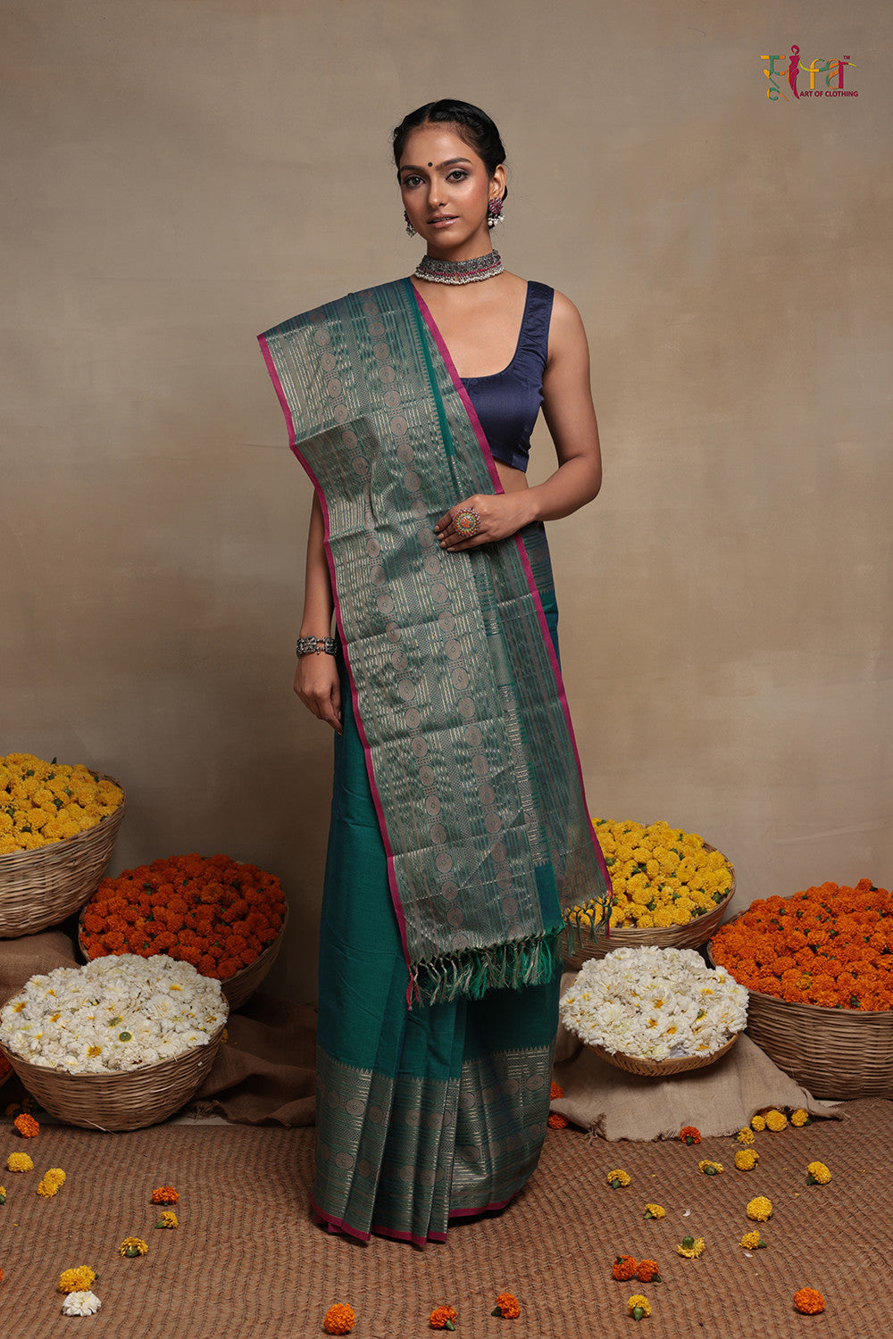 Handloom Jade Green Pure Cotton Kanchi Saree With Silver Zari Border & Pallu