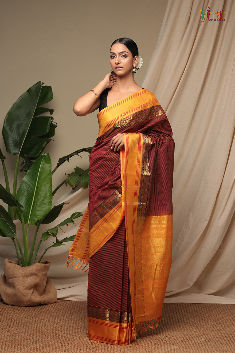 Handloom Garnet Red Pure Cotton Kanchi Saree With Pure Silk Border & Pallu