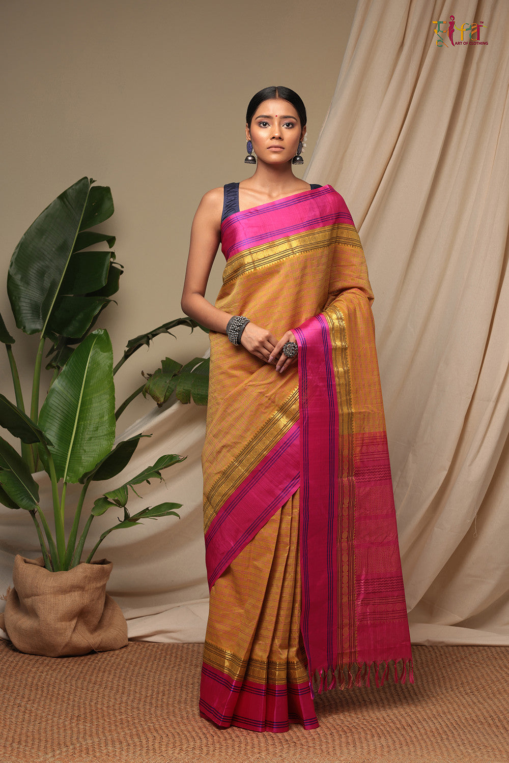 Handloom Honey Yellow Pure Cotton Kanchi Saree With Pure Silk Border And Pallu