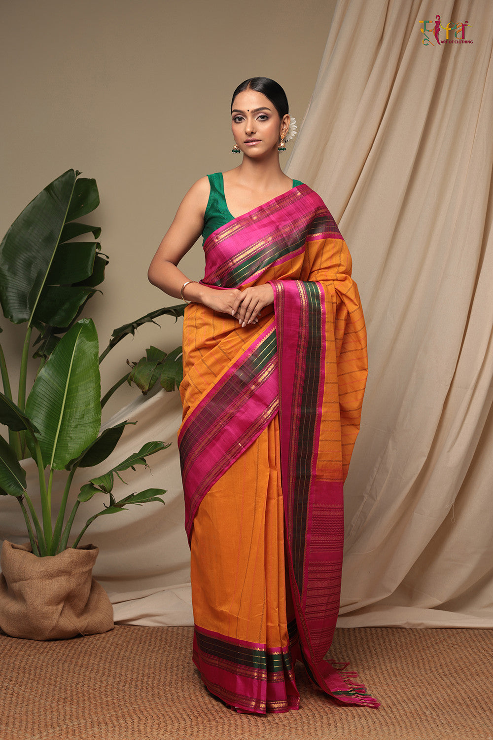 Handloom Pumpkin Orange Pure Cotton Kanchi Saree With Pure Silk Border And Pallu