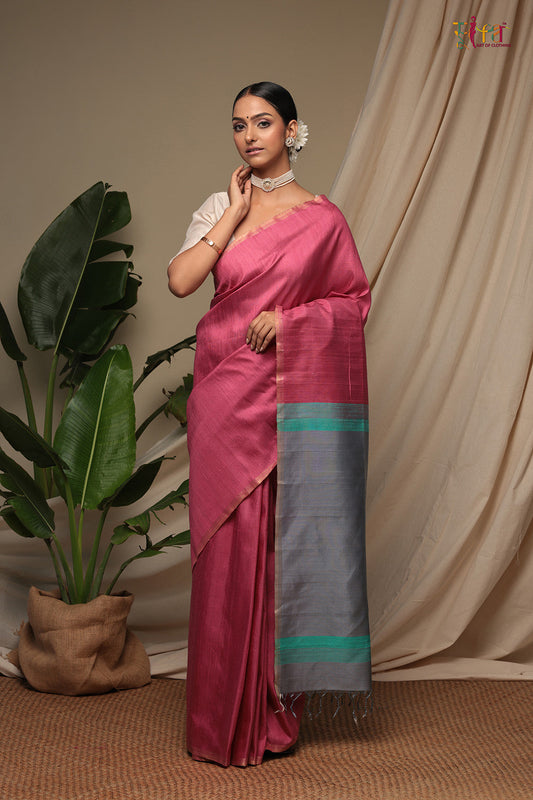 Handloom Deep Pink Pure Tussar Silk Kanchi Contemporary Saree