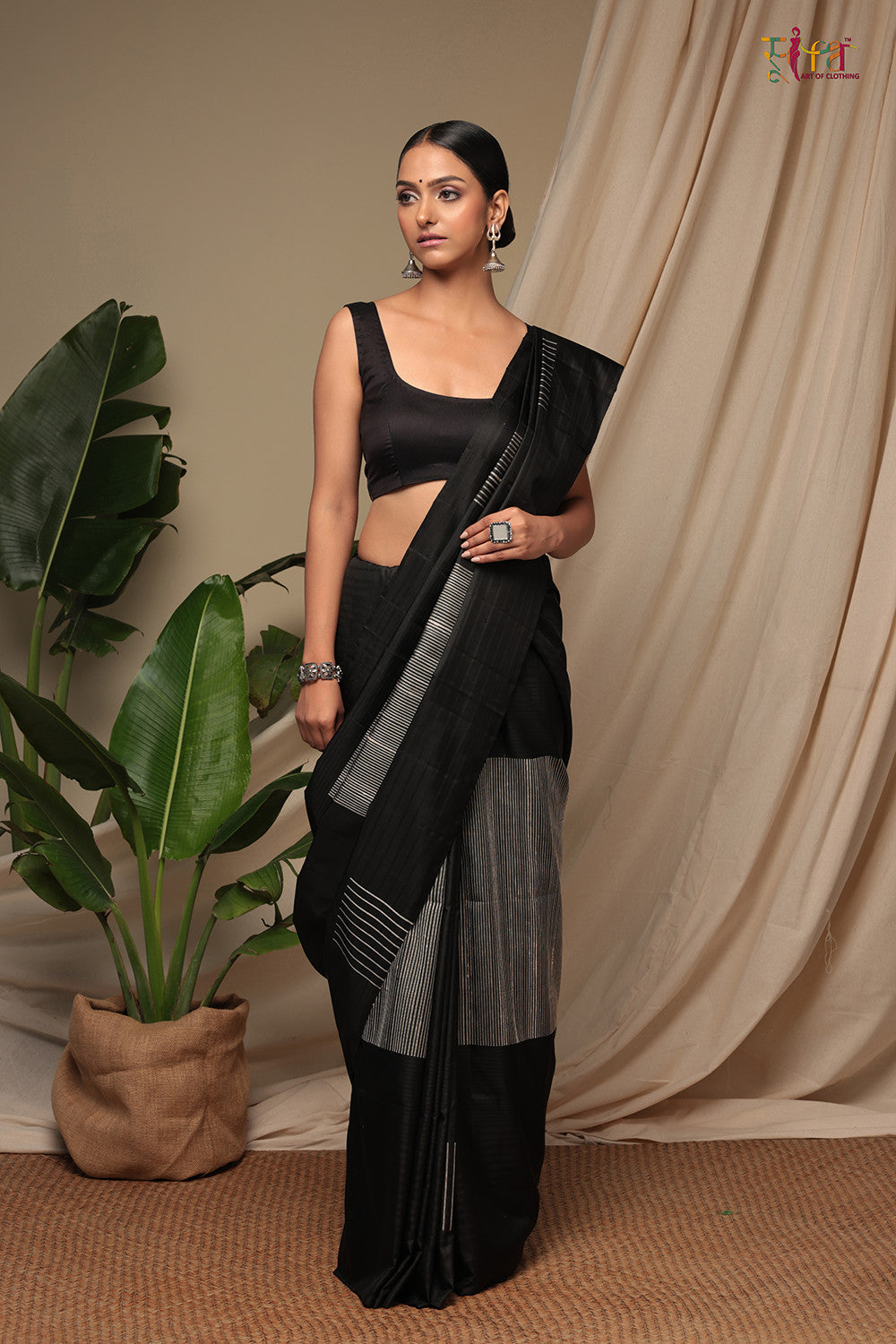 Handloom Jade Black Pure Silk Kanchi Contemporary Saree