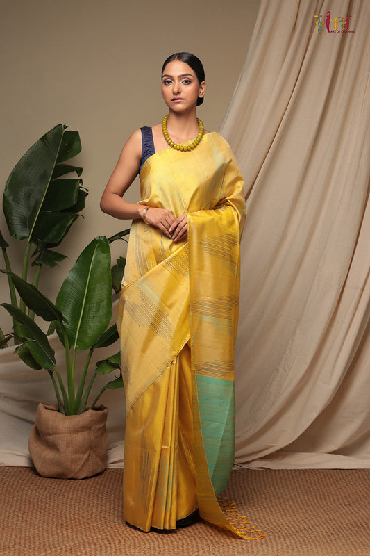 Handloom Sunshine Yellow Pure Silk Kanchi Contemporary Saree